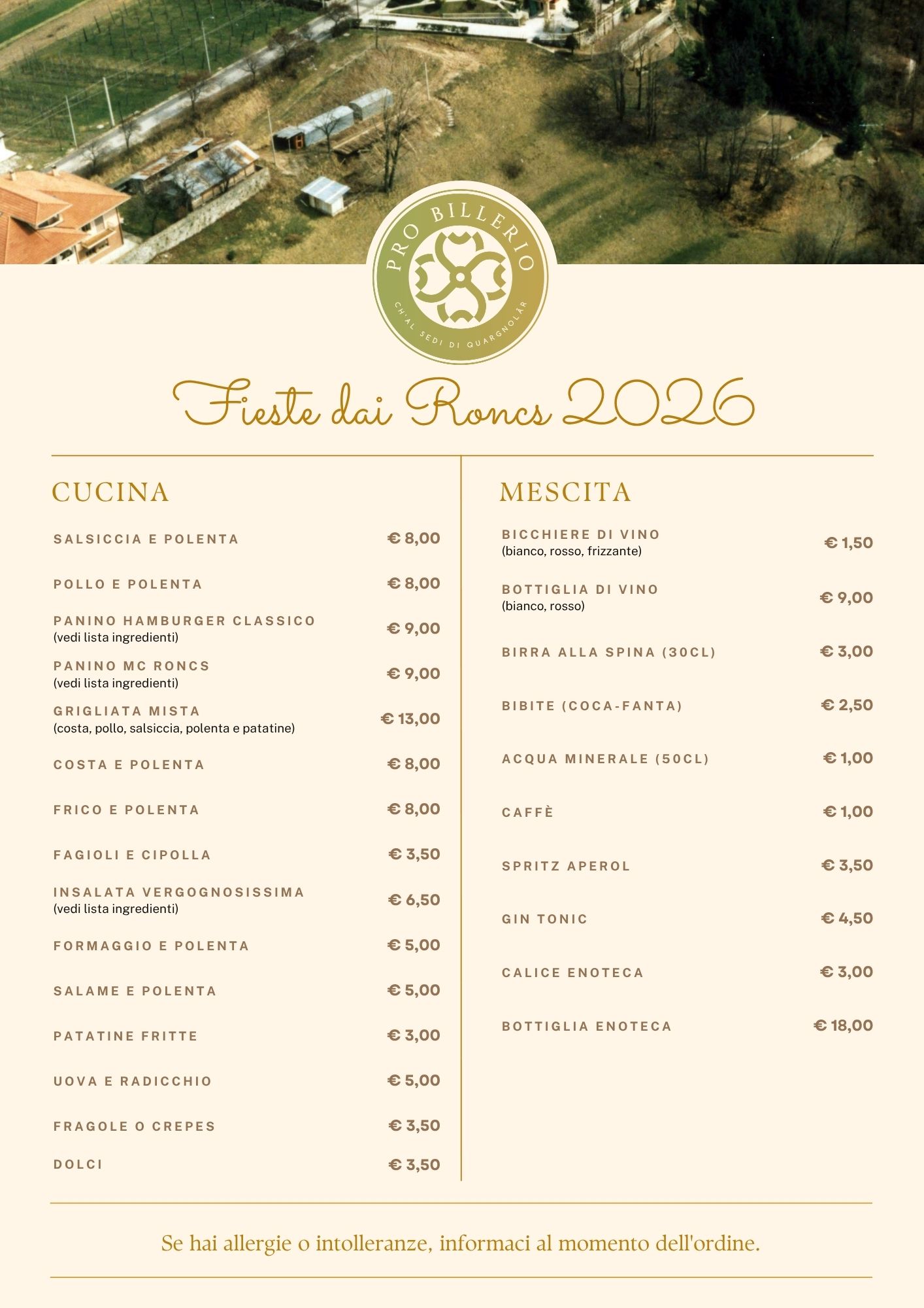 Menu e listino prezzi
